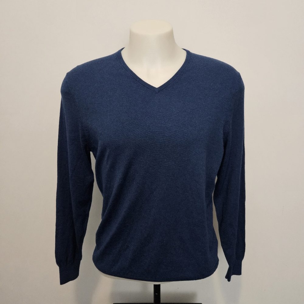 Massimo Dutti Sweater Mens XL  Blue Cotton Silk Cashmere V Neck Knit